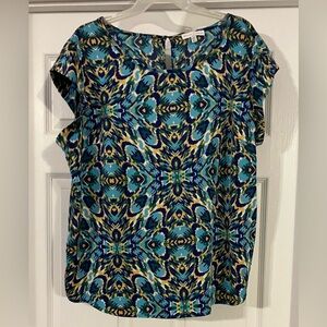 Maison D’Amélie Turquoise, blue, green and tan XL Blouse with cap sleeves